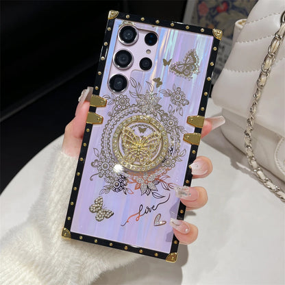 Luxury Butterfly Ring Bracket Plating Phone Case For Samsung S25 S24 Ultra S23 Plus S22 S21 A24 A73 A72 A54 5G A34 A32 A22 Cover