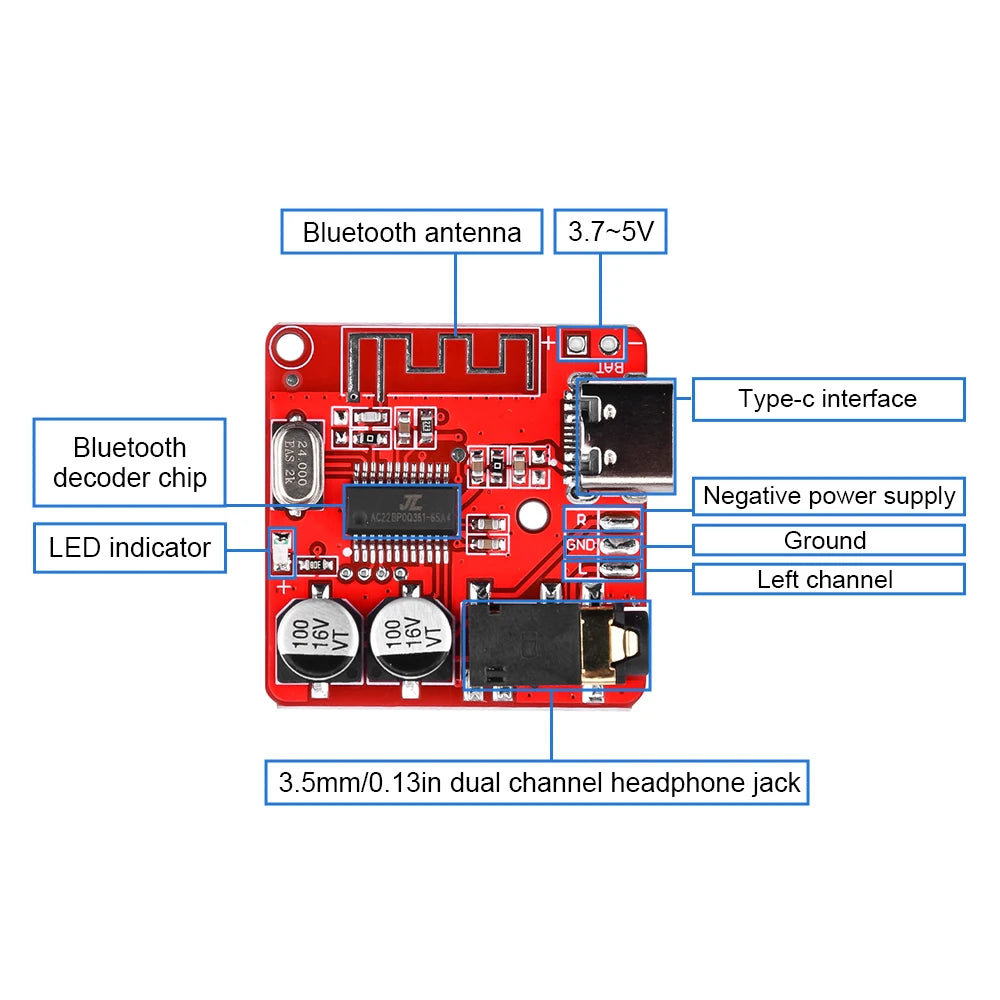 Bluetooth Audio Receiver Board Bluetooth 5.1 MP3 Lossless Decoder Micro USB 3.5mm Audio Output Amplifier Module Type-C 3W