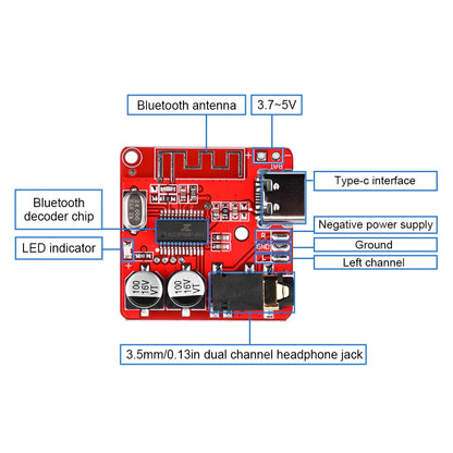 Bluetooth Audio Receiver Board Bluetooth 5.1 MP3 Lossless Decoder Micro USB 3.5mm Audio Output Amplifier Module Type-C 3W