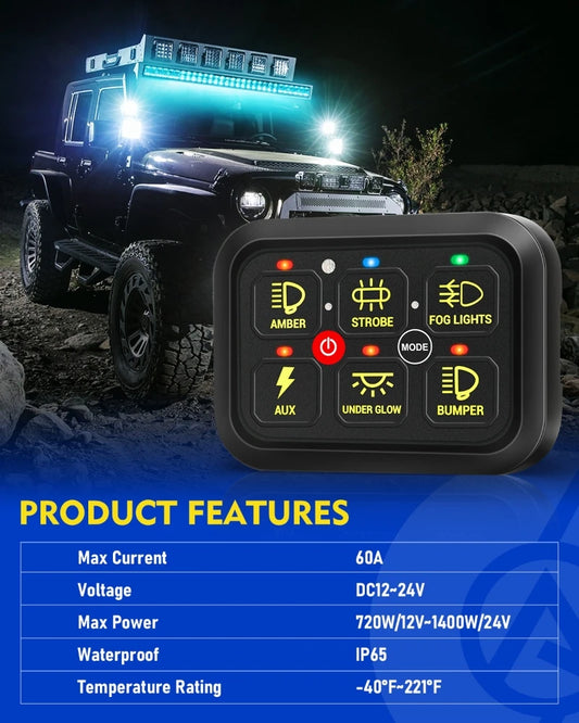 6 gangs RGB Switch Panel Universal Power System LED Lights Slim Electronic On-Off Control Relay System for SUV CAMPER RV MARINE
