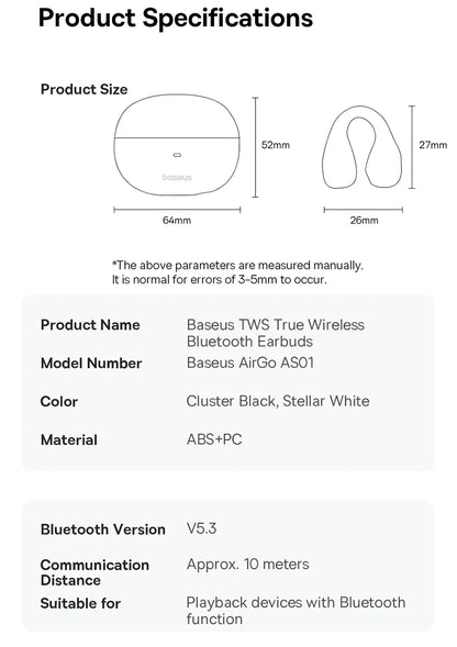 Baseus AirGo AS01 Ear clip Earphones Bluetooth 5.3 Wireless Earphone 2-MIc ENC HD Call Noise Reduction Headphones Sports Earbuds