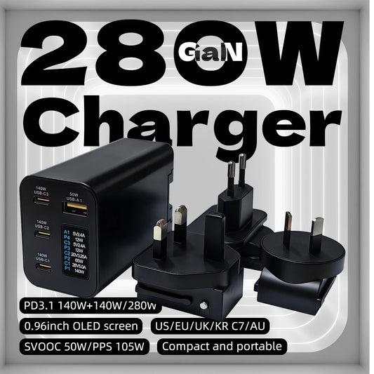 280W GaN High Power Charger 0.96inch OLED Screen PD3.1 140W+140W PPS105W Portable US/EU/UK/KR C7/AU Phone Laptop Fast Charging
