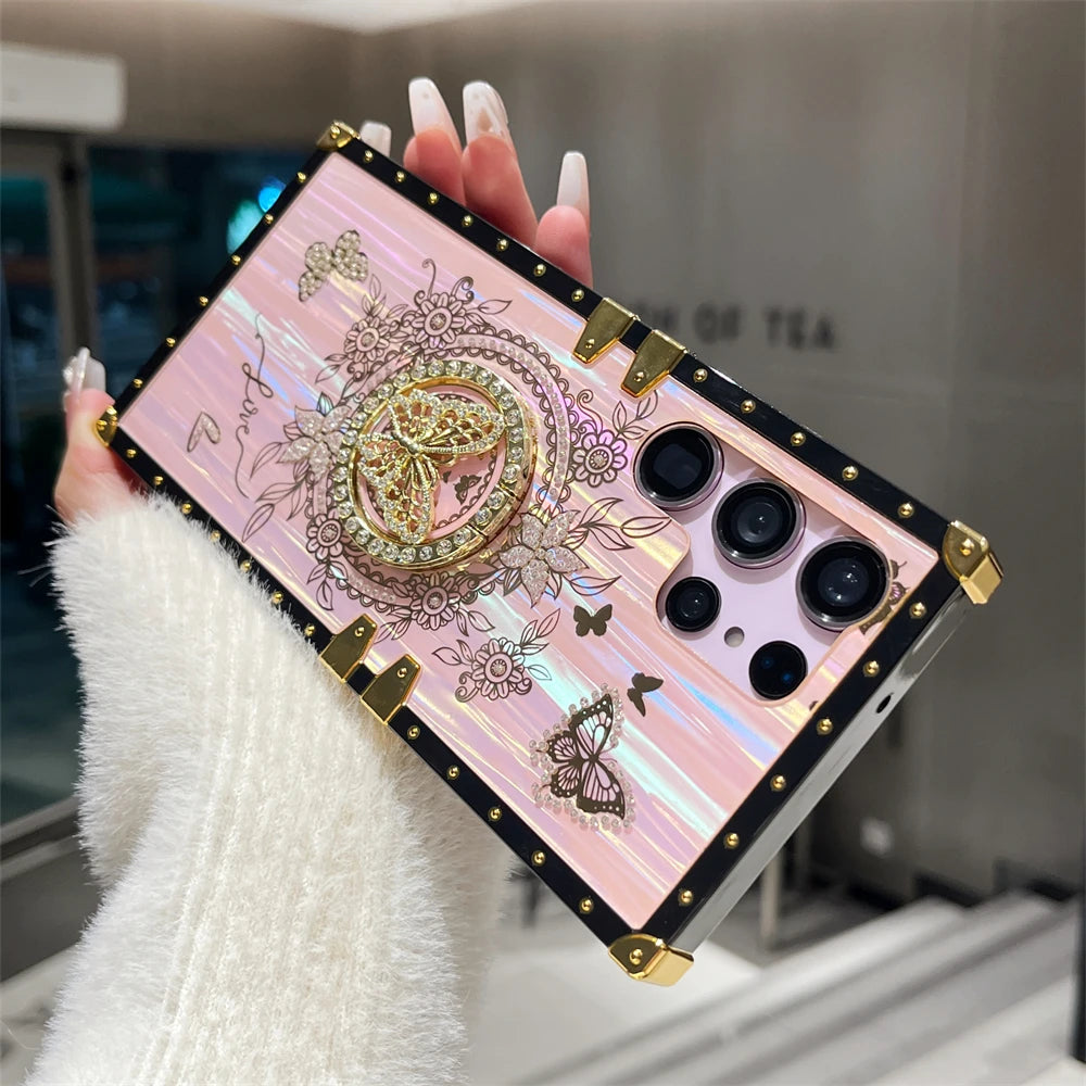 Luxury Butterfly Ring Bracket Plating Phone Case For Samsung S25 S24 Ultra S23 Plus S22 S21 A24 A73 A72 A54 5G A34 A32 A22 Cover