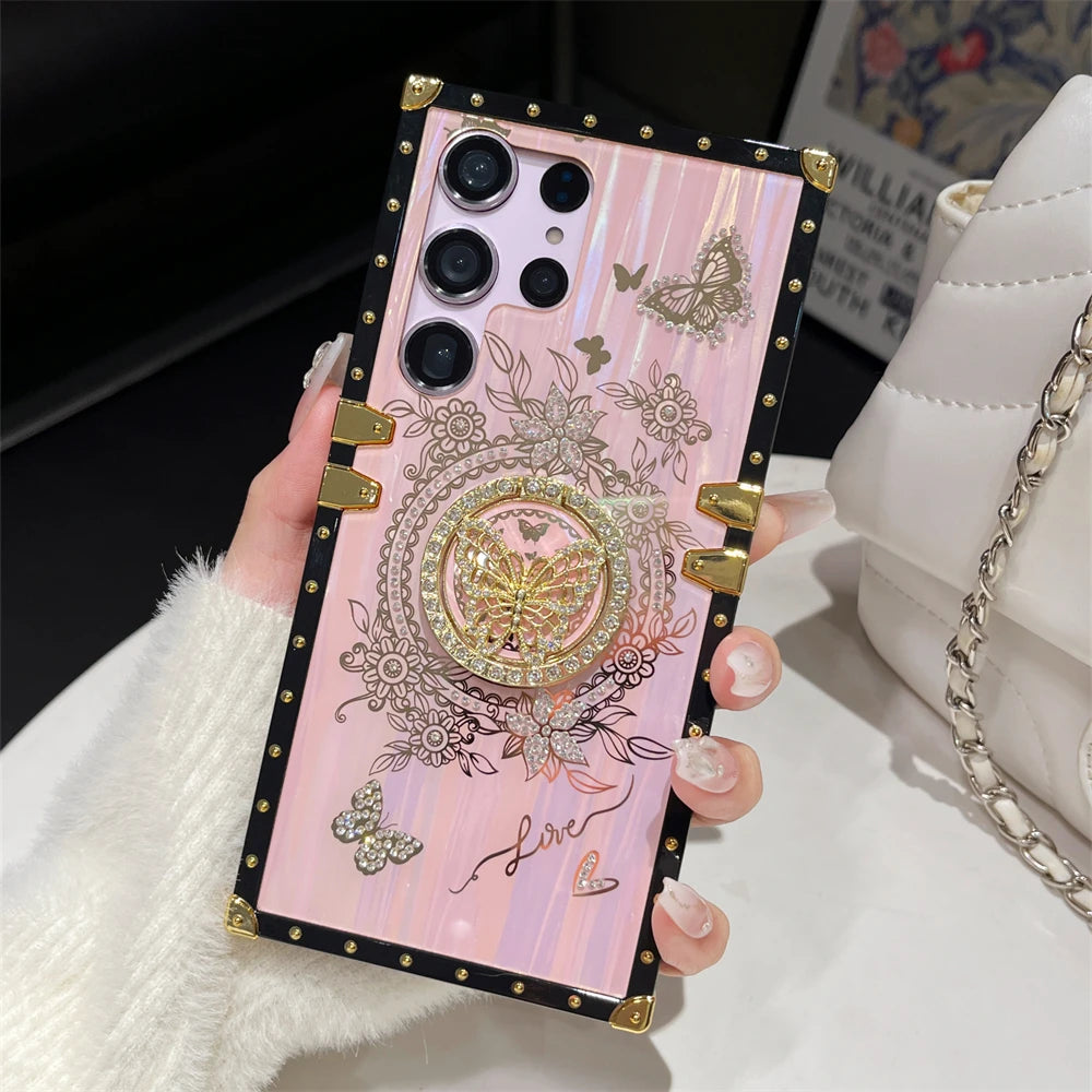 Luxury Butterfly Ring Bracket Plating Phone Case For Samsung S25 S24 Ultra S23 Plus S22 S21 A24 A73 A72 A54 5G A34 A32 A22 Cover