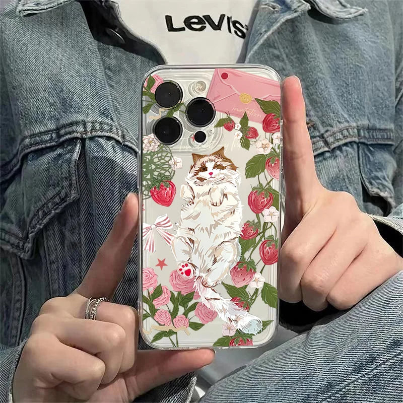Korean Painted Cat Strawberry Phone Case for Xiaomi Poco X6 X5 X3 F5 F6 M6 Pro 4G Mi 11 Lite 5G 14T 14 13T 13 12T 12 Soft Cover