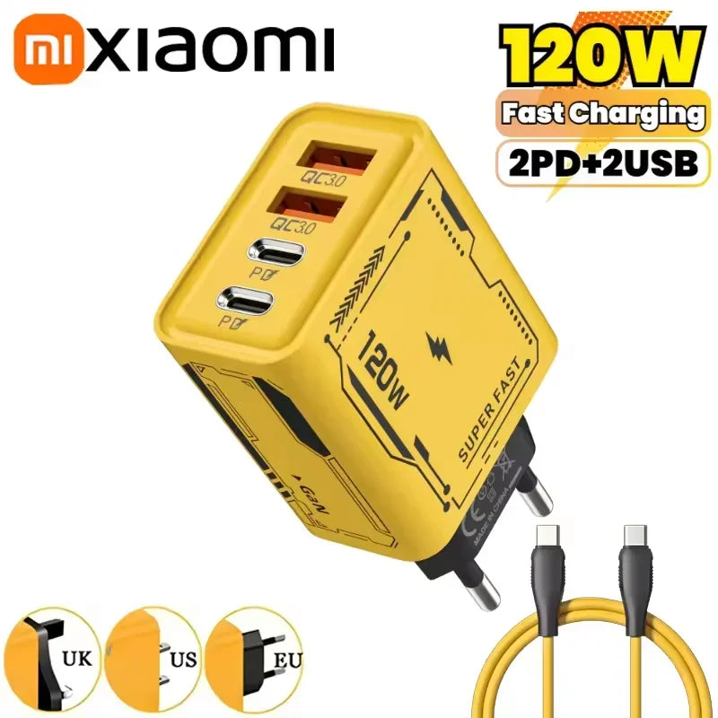 XIAOMI 120W Fast Charger 4Port USB C PD Ultra Quick Charging USB 3.0 Type C EU US Plug Mobile Phone Charger For Huawei iPhone