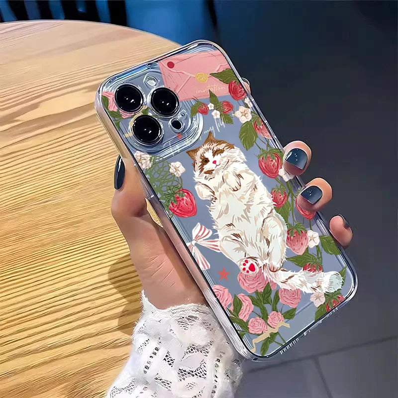 Korean Painted Cat Strawberry Phone Case for Xiaomi Poco X6 X5 X3 F5 F6 M6 Pro 4G Mi 11 Lite 5G 14T 14 13T 13 12T 12 Soft Cover