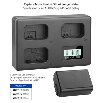NP-FW50 NPFW50 Battery Charger 3 Slot Charger for Sony Alpha ZV-E10 A6400 A6500 A6300 A6000 A7 A7R A7RII A7II A7SII A7S A7RII