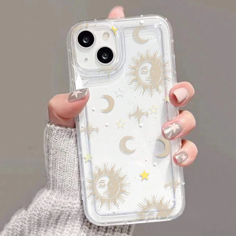 Moon Stars Print Clear Phone Case for iPhone 16E 16 15 14 13 12 11 Pro Max Mini XR X XS 7 8 16 Plus SE Shockproof Silicone Cover