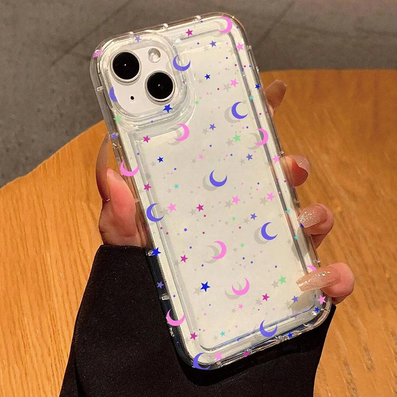 Moon Stars Print Clear Phone Case for iPhone 16E 16 15 14 13 12 11 Pro Max Mini XR X XS 7 8 16 Plus SE Shockproof Silicone Cover