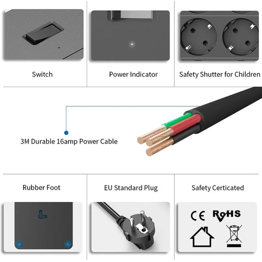 NTONPOWER Power Strip 5M Extension Cable USB Ports EU Plug Surge Protector & Network filter Multiple Plugs