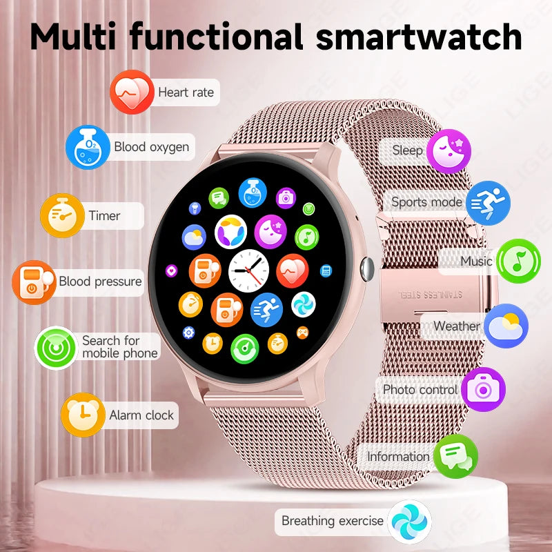 LIGE New 2025 Women Smart Watch Bluetooth Call Heart Rate Blood Oxygen Monitoring Waterproof Smartwatches Men Clock For XIAOMi