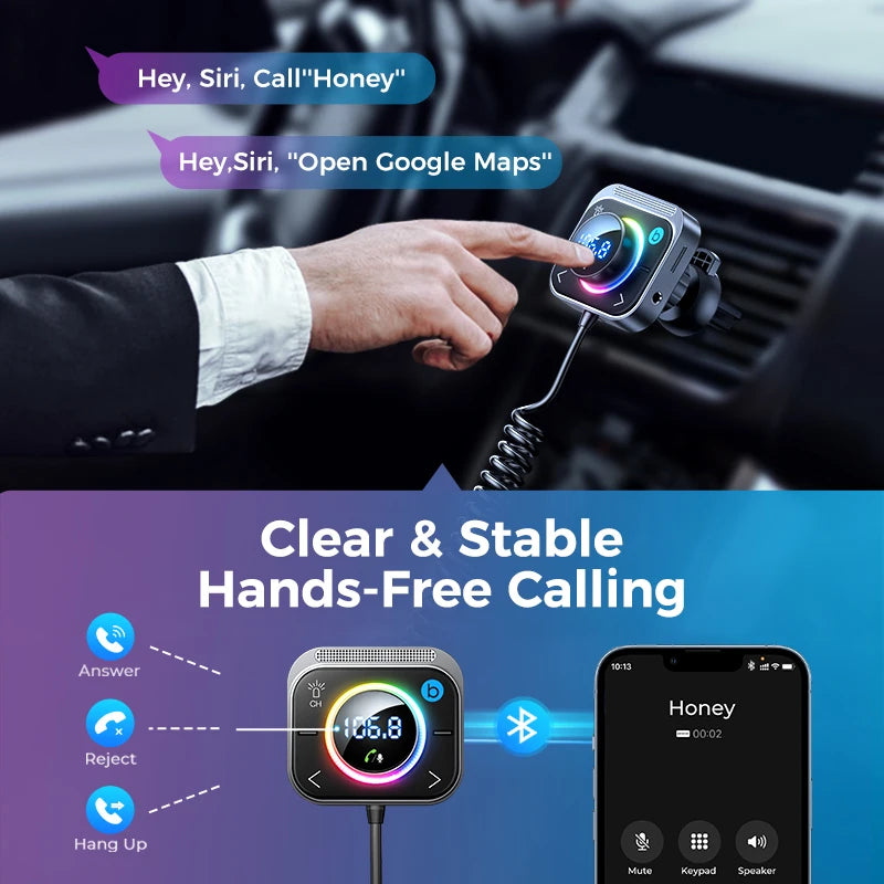 Joyroom Car Bluetooth 5.3 FM/AUX Transmitter Car Adapter Hand-Free Calling 3 Fast Charging Ports Transmitter Charger PD QC 3.0