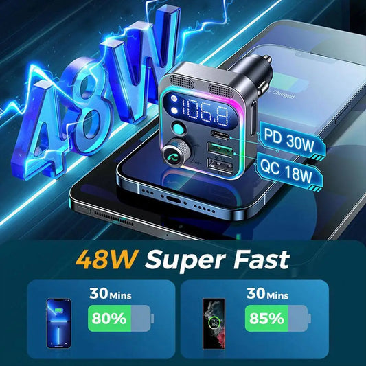 48W  Bluetooth 5.3 FM Transmitter For Car Stronger Dual Mics Deep Bass Sound PD&QC3.0 Car Charger Bt Adapter Fm Transmitter