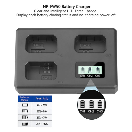 NP-FW50 NPFW50 Battery Charger 3 Slot Charger for Sony Alpha ZV-E10 A6400 A6500 A6300 A6000 A7 A7R A7RII A7II A7SII A7S A7RII