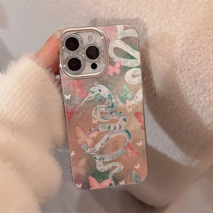 Luxury Snake Butterfly Iridescent Phone Case for iPhone 7 8 Plus X XR 11 12 13 14 15 16 Pro Max Shockproof Glossy Hard PC Cover
