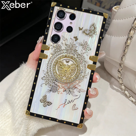 Luxury Butterfly Ring Bracket Plating Phone Case For Samsung S25 S24 Ultra S23 Plus S22 S21 A24 A73 A72 A54 5G A34 A32 A22 Cover