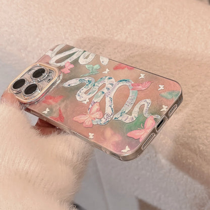 Luxury Snake Butterfly Iridescent Phone Case for iPhone 7 8 Plus X XR 11 12 13 14 15 16 Pro Max Shockproof Glossy Hard PC Cover