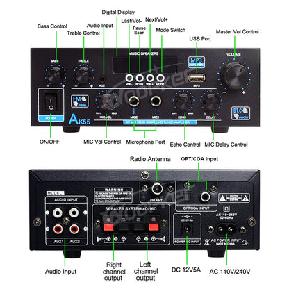 Home Power Amplifier AK55 Channel 2.0 Bluetooth 5.0 AUX RAC dual microphone Digital Stereo Sound 450W+450W Subwoofer