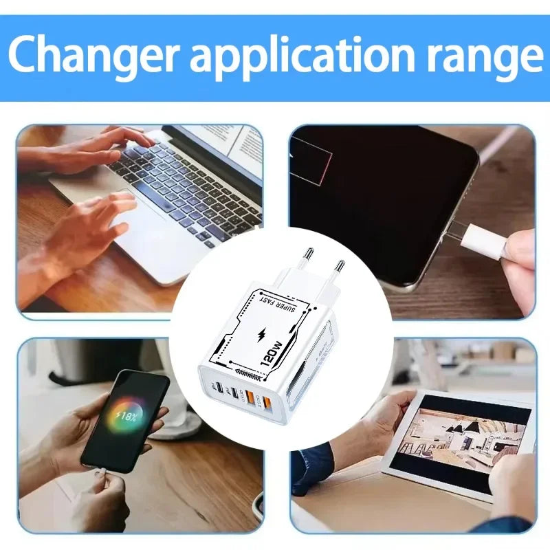XIAOMI 120W Fast Charger 4Port USB C PD Ultra Quick Charging USB 3.0 Type C EU US Plug Mobile Phone Charger For Huawei iPhone