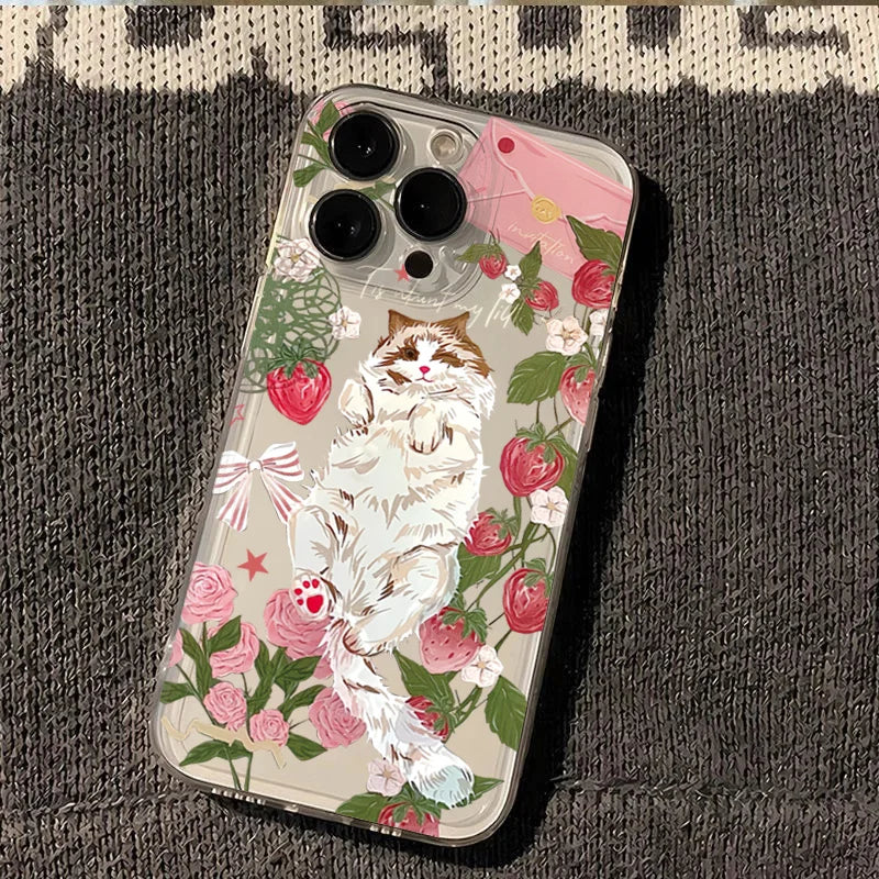 Korean Painted Cat Strawberry Phone Case for Xiaomi Poco X6 X5 X3 F5 F6 M6 Pro 4G Mi 11 Lite 5G 14T 14 13T 13 12T 12 Soft Cover