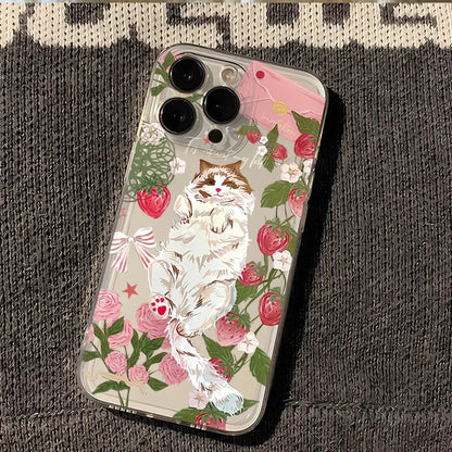 Korean Painted Cat Strawberry Phone Case for Xiaomi Poco X6 X5 X3 F5 F6 M6 Pro 4G Mi 11 Lite 5G 14T 14 13T 13 12T 12 Soft Cover