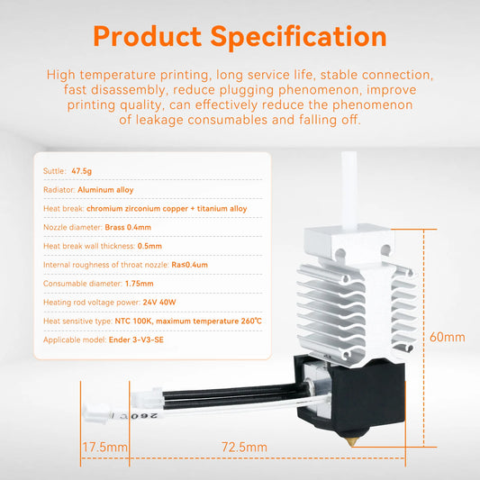Hotend Update Kit Ender 3 V3 SE Heating Block Kit Bimetallic Throat High Temperature Print Head for Ender3 V3 Se 3D Printer