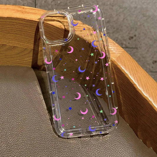 Moon Stars Print Clear Phone Case for iPhone 16E 16 15 14 13 12 11 Pro Max Mini XR X XS 7 8 16 Plus SE Shockproof Silicone Cover