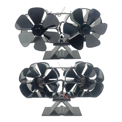 Wood Stove Fan Heat Powered Dual Silent Motors 4 Blades Non-Electric Heat Activated Fireplace Fan with Bracket and Thermometer