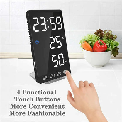 6 Inch Mirror LED Alarm Clock Touch Button Digital Temperature and Humidity Display Clock USB Port Output Clock