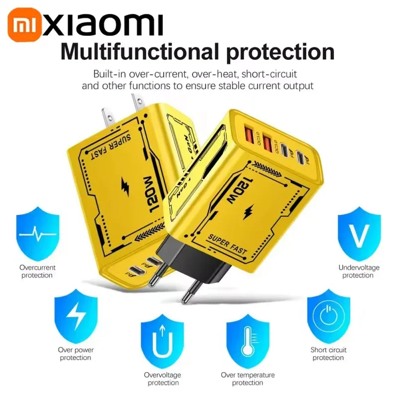 XIAOMI 120W Fast Charger 4Port USB C PD Ultra Quick Charging USB 3.0 Type C EU US Plug Mobile Phone Charger For Huawei iPhone