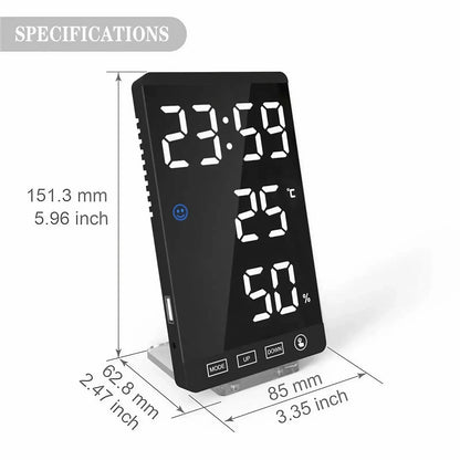 6 Inch Mirror LED Alarm Clock Touch Button Digital Temperature and Humidity Display Clock USB Port Output Clock