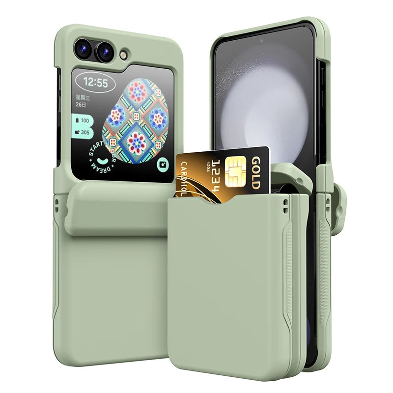 New Solid Color Card Slot Phone Case For Samsung Galaxy Z Flip 3 4 5 Z6 Flip6 Z5 Z4 Flip5 Flip 6 5 4 Folding Hinge Hard PC Cover