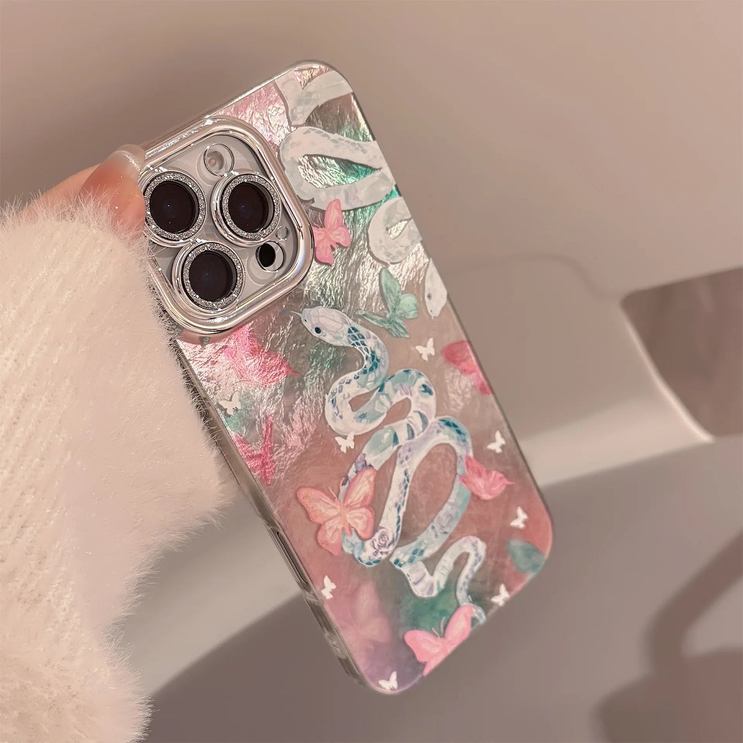 Luxury Snake Butterfly Iridescent Phone Case for iPhone 7 8 Plus X XR 11 12 13 14 15 16 Pro Max Shockproof Glossy Hard PC Cover