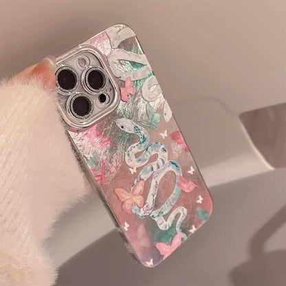 Luxury Snake Butterfly Iridescent Phone Case for iPhone 7 8 Plus X XR 11 12 13 14 15 16 Pro Max Shockproof Glossy Hard PC Cover