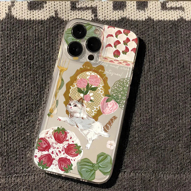 Korean Painted Cat Strawberry Phone Case for Xiaomi Poco X6 X5 X3 F5 F6 M6 Pro 4G Mi 11 Lite 5G 14T 14 13T 13 12T 12 Soft Cover