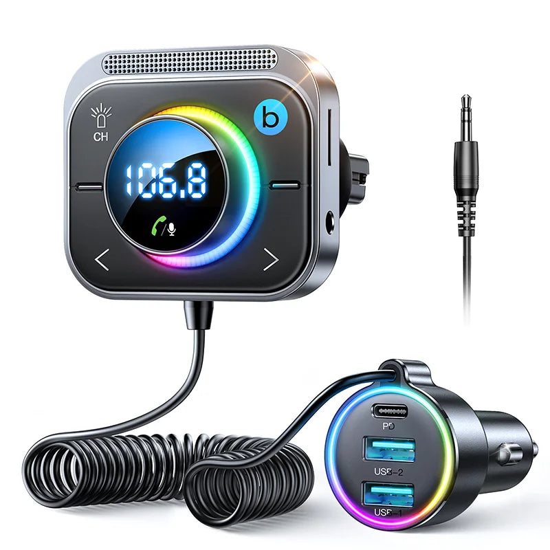 Joyroom Car Bluetooth 5.3 FM/AUX Transmitter Car Adapter Hand-Free Calling 3 Fast Charging Ports Transmitter Charger PD QC 3.0